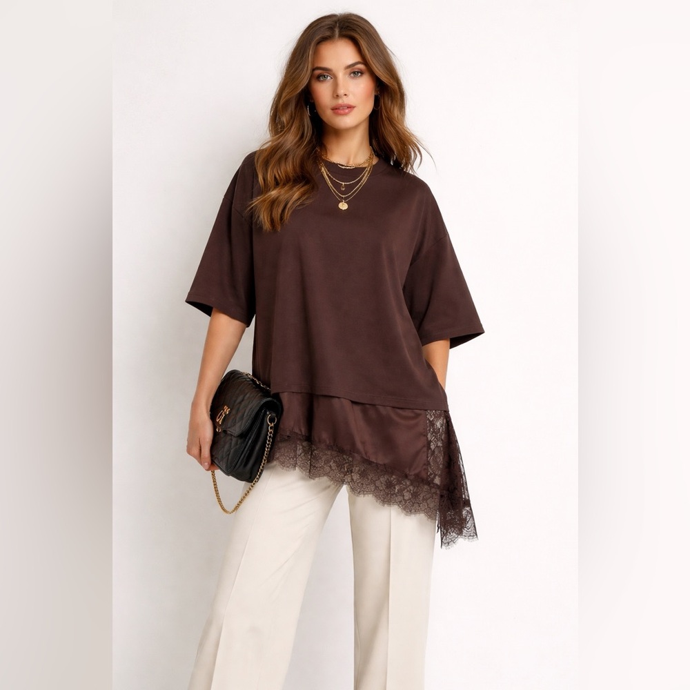 Relaxed Lace-Hem Tunic Top in Brown